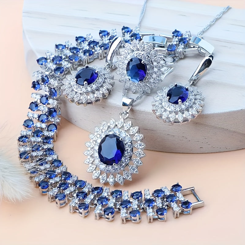 5pcs Luxury Synthetic Synthetic Zircon Jewelry Set for Teenager, Blue Stones, Includes Necklace, Bracelet, Earrings, Ring, Weddings, Banquets, Valentine'S Day Gift, All Seasons Wear, Elegant Accessories|Floral Theme|Best f