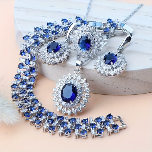 5pcs Luxury Synthetic Synthetic Zircon Jewelry Set for Teenager, Blue Stones, Includes Necklace, Bracelet, Earrings, Ring, Weddings, Banquets, Valentine'S Day Gift, All Seasons Wear, Elegant Accessories|Floral Theme|Best f