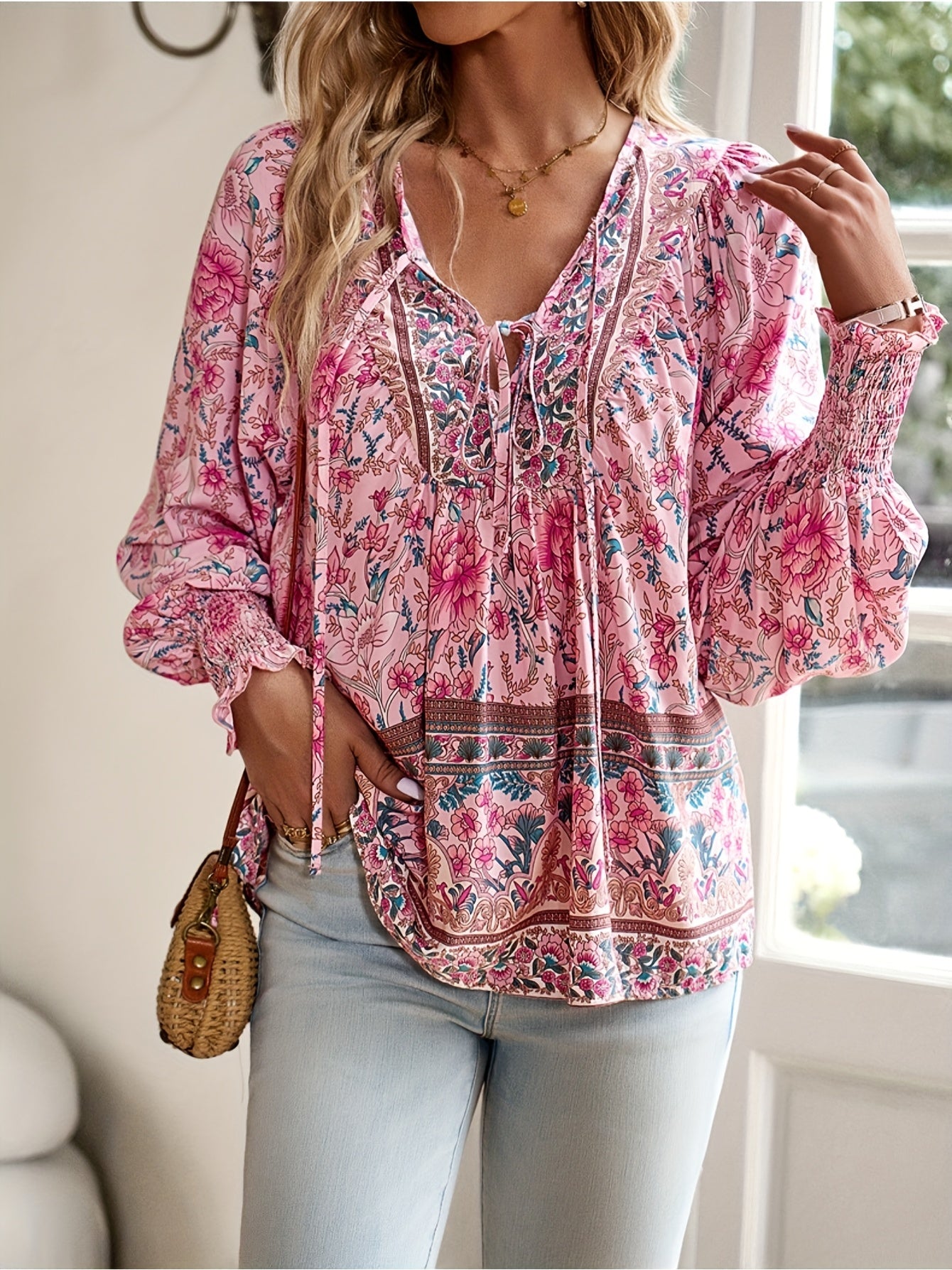 Bohemian Resort Style Printed V-neck Tied Long Sleeve Top Shirt Fashion Commuting.