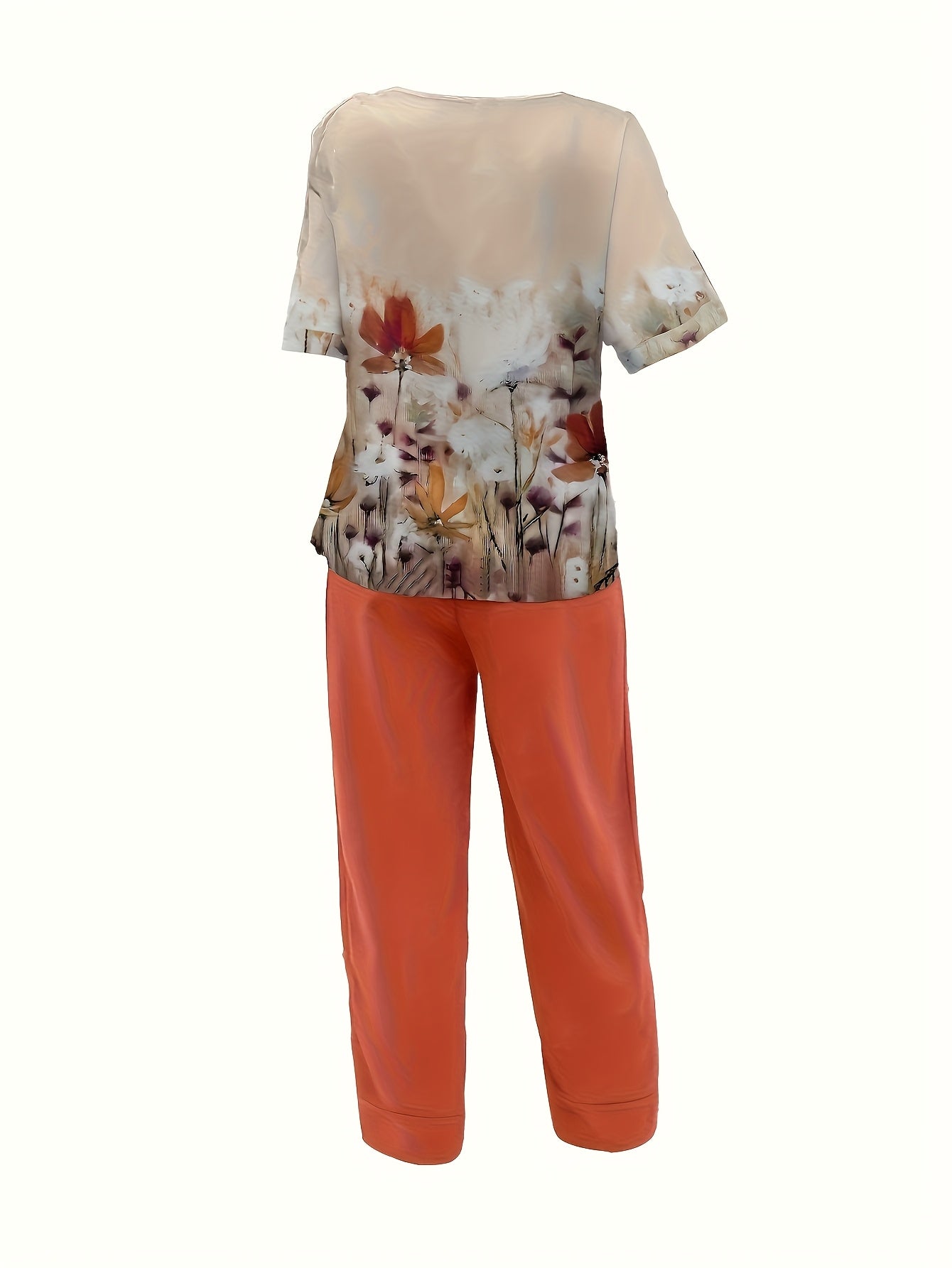 [Stylish Women's Casual Set] Stylish & Comfortable Women's Plant Digital Print Top and Pants Set | Casual, Elegant Style, Round Neck, Mid-Sleeve, Long Pants, Women's Casual Suit