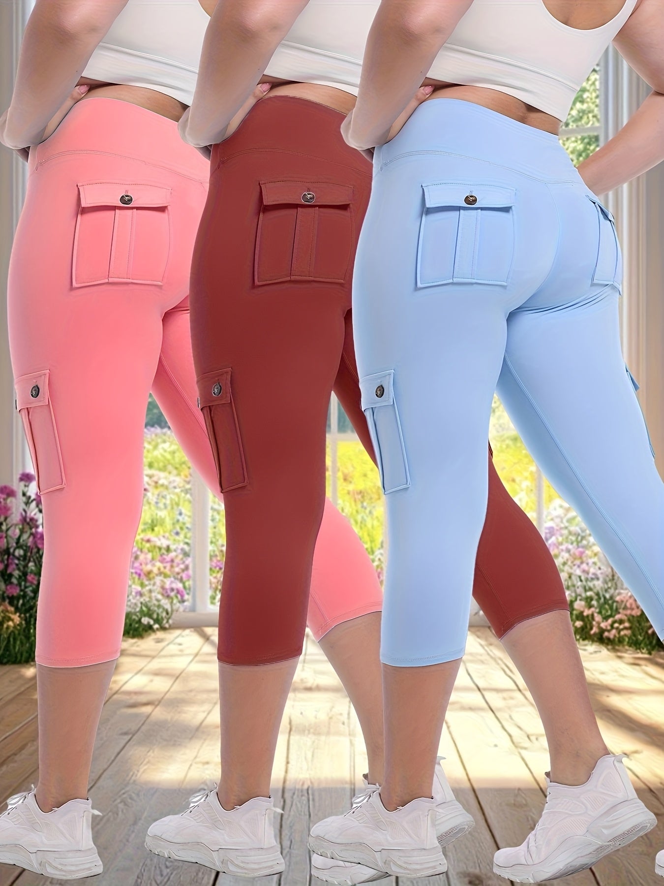 3pcs Women'S High-Waisted Yoga 7/10 Pants with Pockets - Stretch Running And Sports Leggings, Button Design, Solid Color, Comfortable Polyester Blend Fabric.