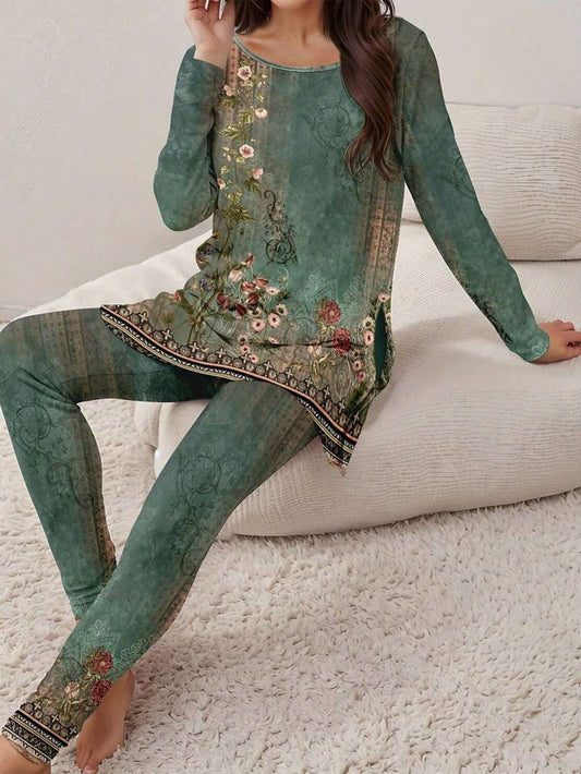 Women's Printed Long Sleeve Top & Pants Set - Casual Clothing