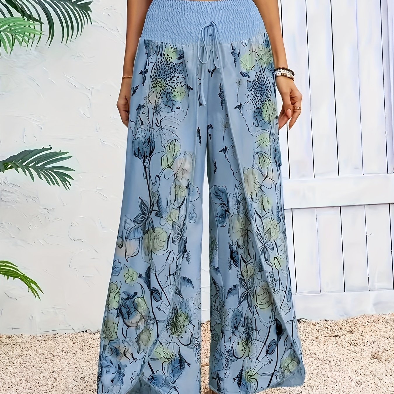 [Elegant Pants] Elegant Floral Wide-Leg Pants | Women's Casual Beach Vacation Attire, Loose Fit, Non-Stretch Polyester, Machine Washable, Floral Print