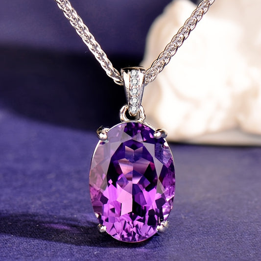925 Silvery Natural Amethyst Pendant, with 925 Silvery Necklace, Suitable for Women, Simple and Elegant, Exquisite and Fashionable Necklace, Elegant, Temperament, High-end, Holiday Gift, Valentine'S Day Gift, Mother'S Day Gif
