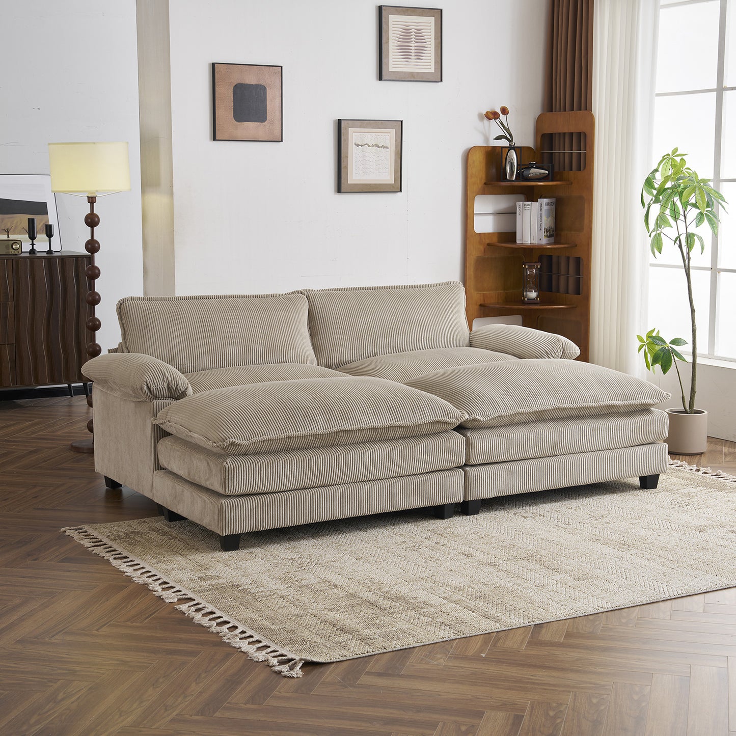 [Modern Cloud Sofa] MOTOOS 90.16 Inch Modern Corduroy Combination Cloud Sofa with Two Footstools, Double Layer Soft Cushion Double Sofa, Comfortable Sofa Bed, 2 Pillows and Removable Armrests