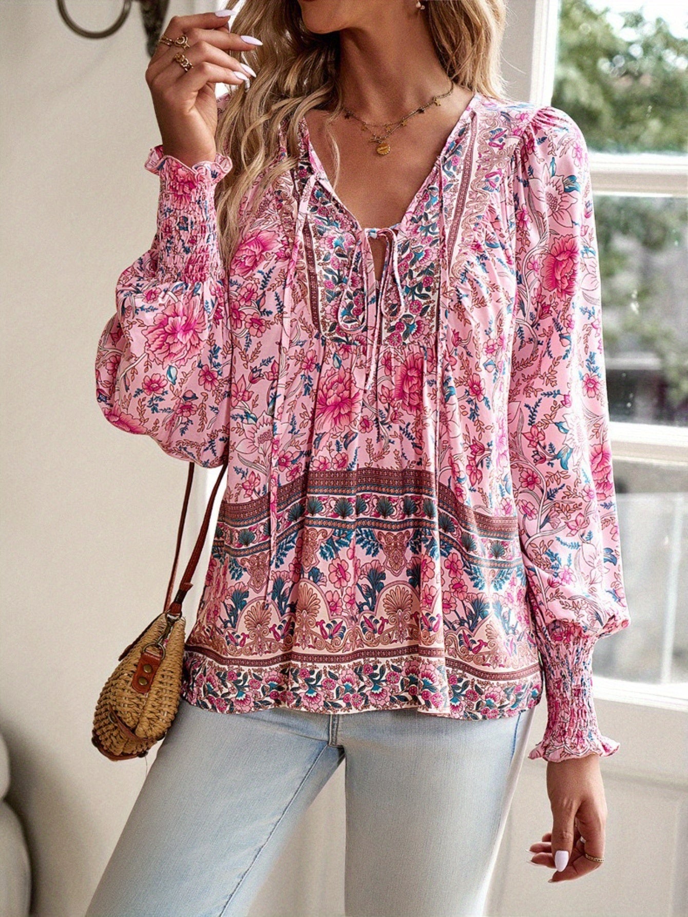 Women's Bohemian Floral Print V-Neck Long Sleeve Blouse - Elegant All-Season Top with Multicolor Blue Pink Green Purple Orange Yellow White Patterns, Lace-Up Front & Machine Washable Shirt for Beach Vacation & Casual Attire,