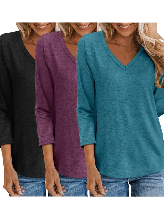 Three-piece Women'S 3/4 Long-sleeved Top, Fashionable Ladies' Casual Loose Shirt, V-neck T-shirt