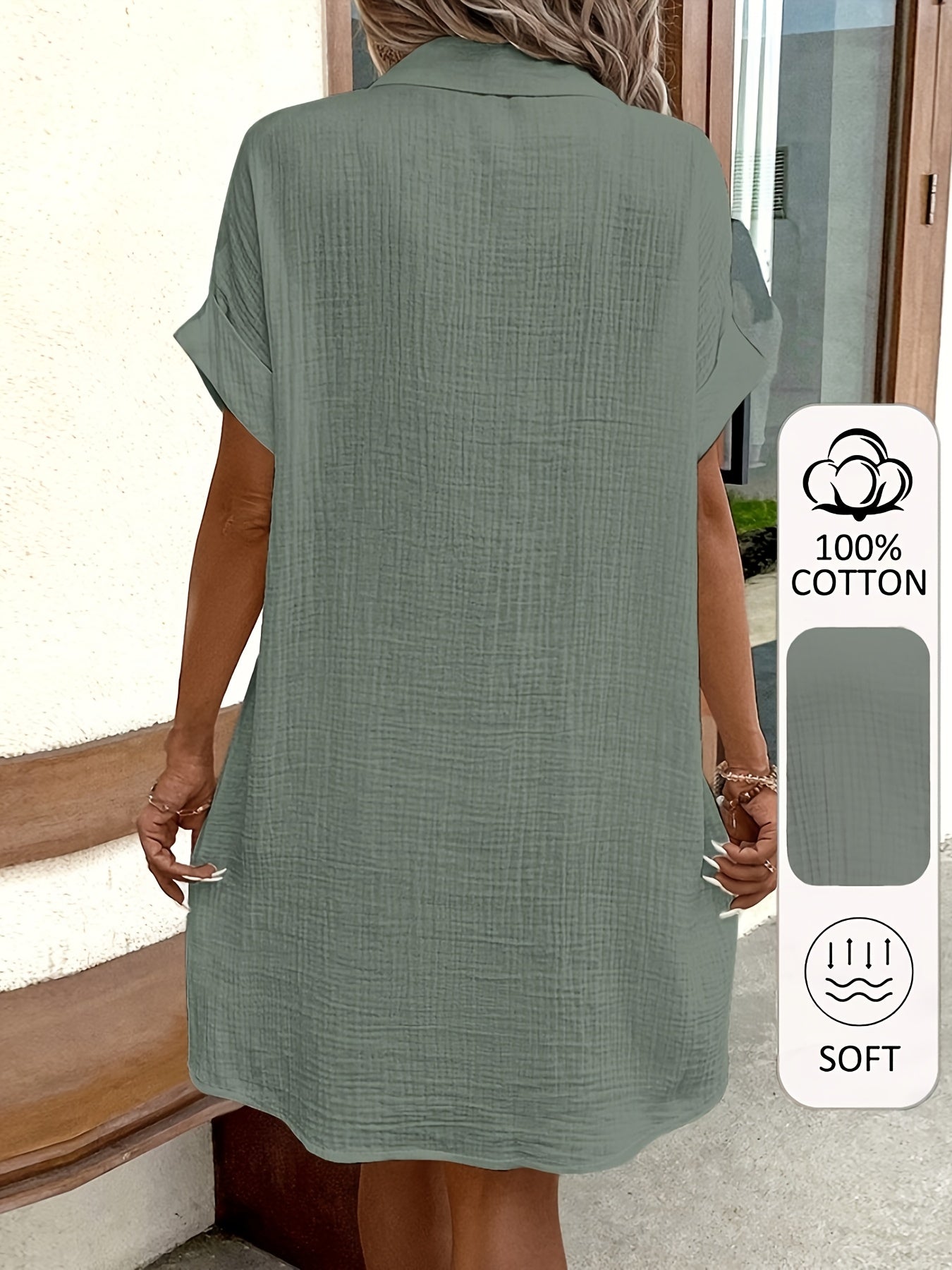 100% V-Neck Blouse Dress for Women - Light Blue Casual Shirt Dress with Button Details, Short Sleeves, and Collar, Machine Washable, All-Season Comfort, Allseason Dress | Vneck Dress | Button Detailing