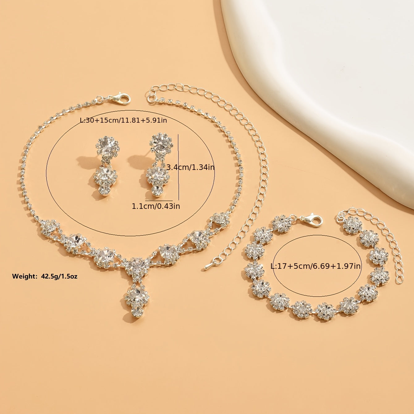 Light Luxury Bridal Set: 1 Bracelet + 1 Necklace + 1 Pair of Earrings, Shiny Rhinestone Wedding Jewelry for Elegant and Stylish Ballroom Parties