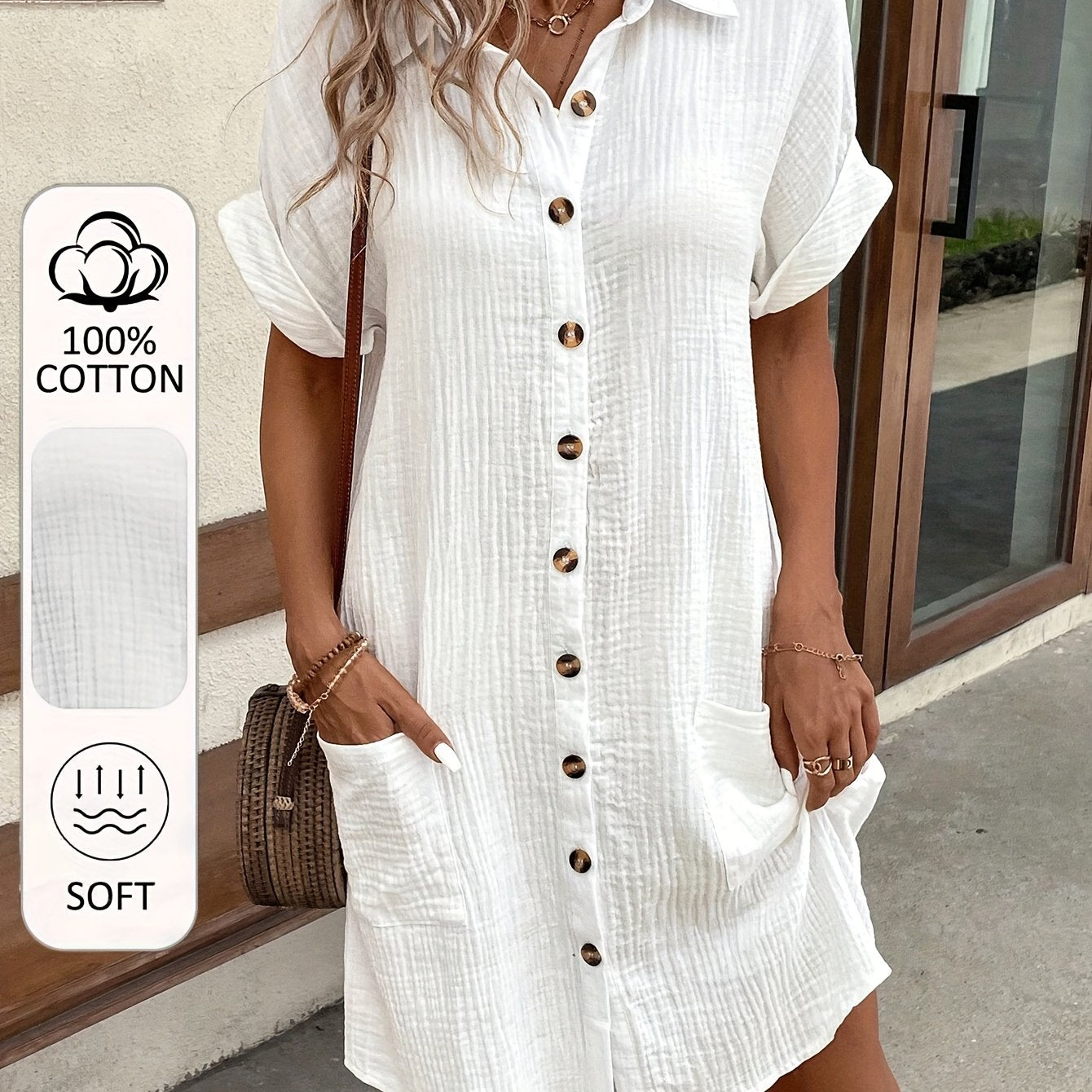 100% V-Neck Blouse Dress for Women - Light Blue Casual Shirt Dress with Button Details, Short Sleeves, and Collar, Machine Washable, All-Season Comfort, Allseason Dress | Vneck Dress | Button Detailing