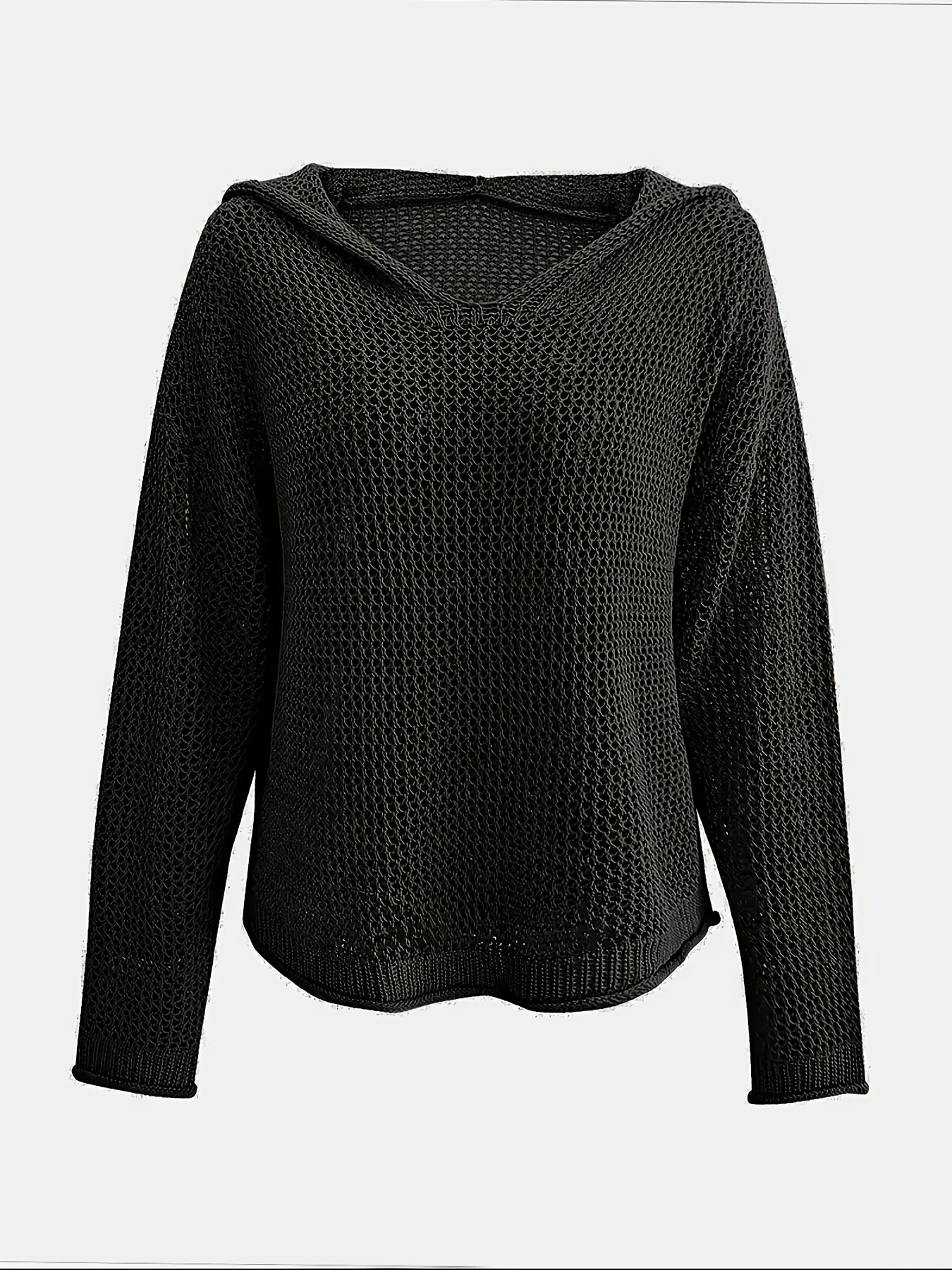 Women's Lightweight Hooded Sweater - Semi-Sheer V-Neck Openwork Design, Loose Fit Cover-Up, Casual Long Sleeve All-Season Layering Top, Summer Wardrobe Essential