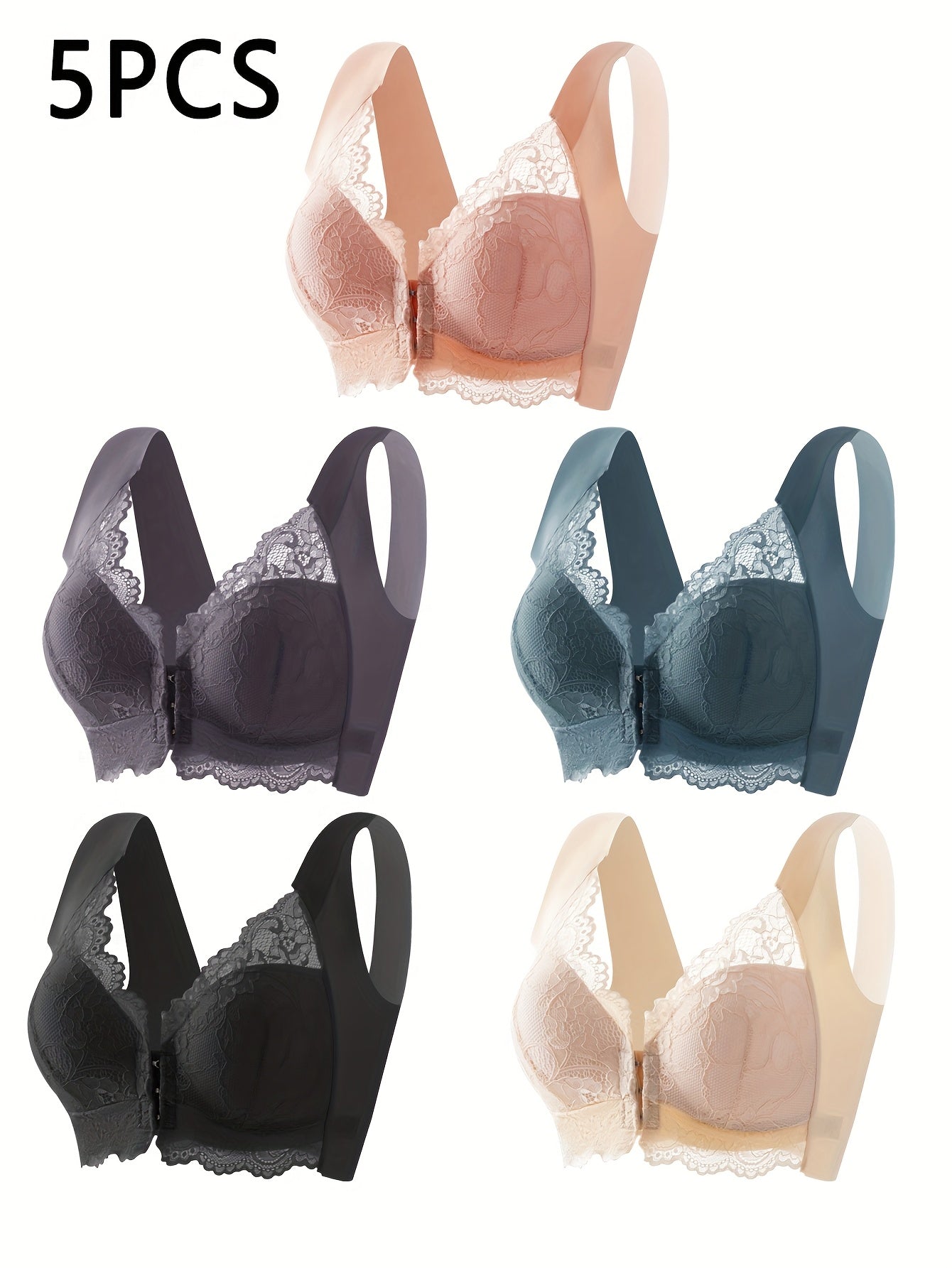 [Elegant Lace Push-Up Bra] 5pcs Elegant Contrast Lace Push-Up Bra Set | Mixed Color, Front Closure, Non-Removable Pads, Wire-Free - Casual Attire Lingerie