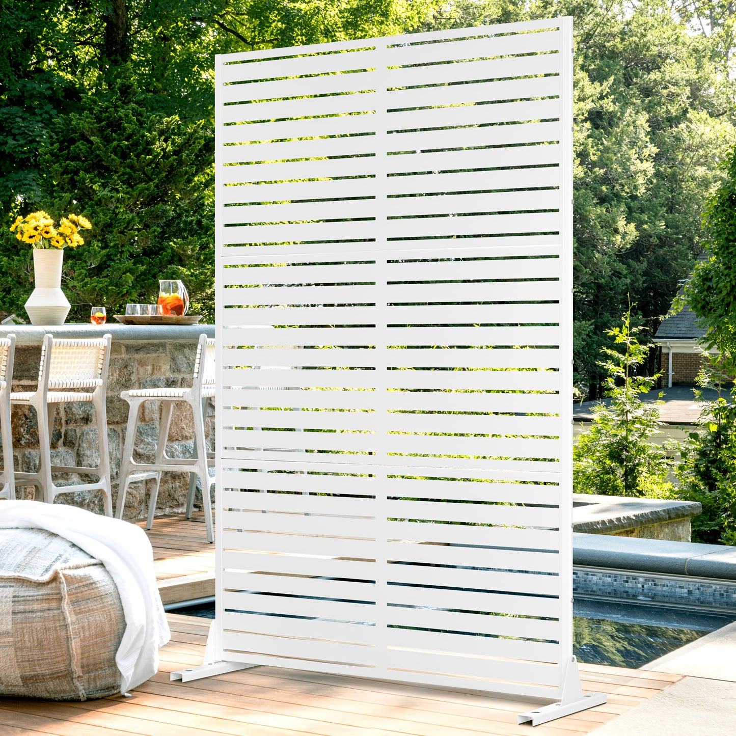 Natural Wood-Look Metal Privacy Screen, 4ft x 6ft - Freestanding Outdoor Fence with Bracket for Patio, Balcony, Backyard & Garden, Decorative Privacy Screen Panel, Metal Outdoor, 4ft W X 6ft H