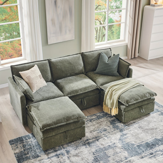Modern Cloud Sectional Sofa, U-Shape 3 Seater Modular Sofa with Ottoman, Chenille Sofa with Deep Seat & Pillow for Living Room, Bedroom