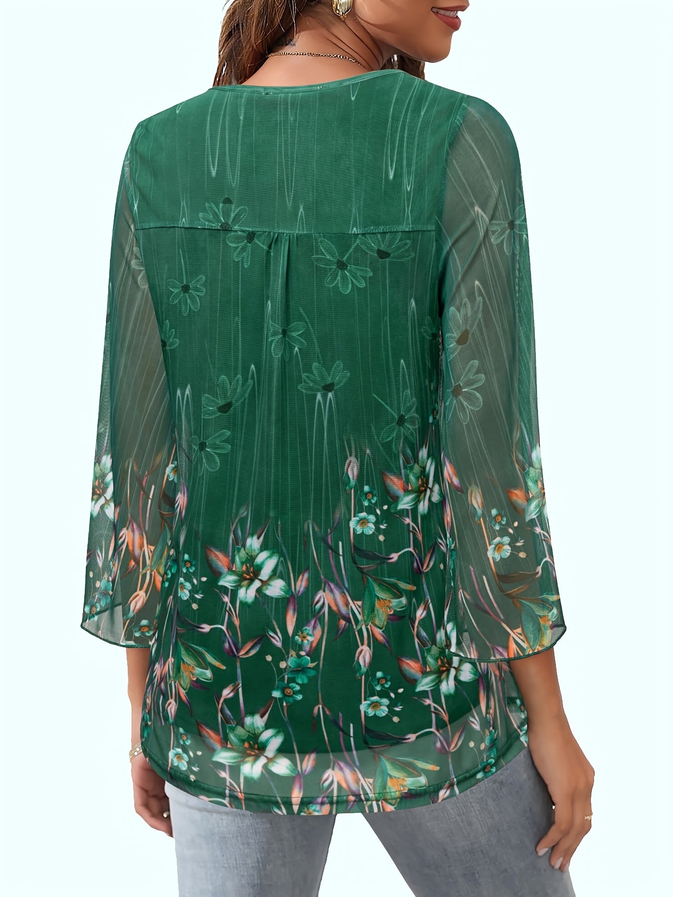 [Floral Blouse] Floral Print V-Neck Blouse | Women's Loose Fit Flowy Tunic Top with 3/4 Ruffle Sleeves & Double Layer Mesh Overlay - Semi-Sheer Lightweight Polyester-Spandex Blend for Spring/Summer Casual & Formal Outings