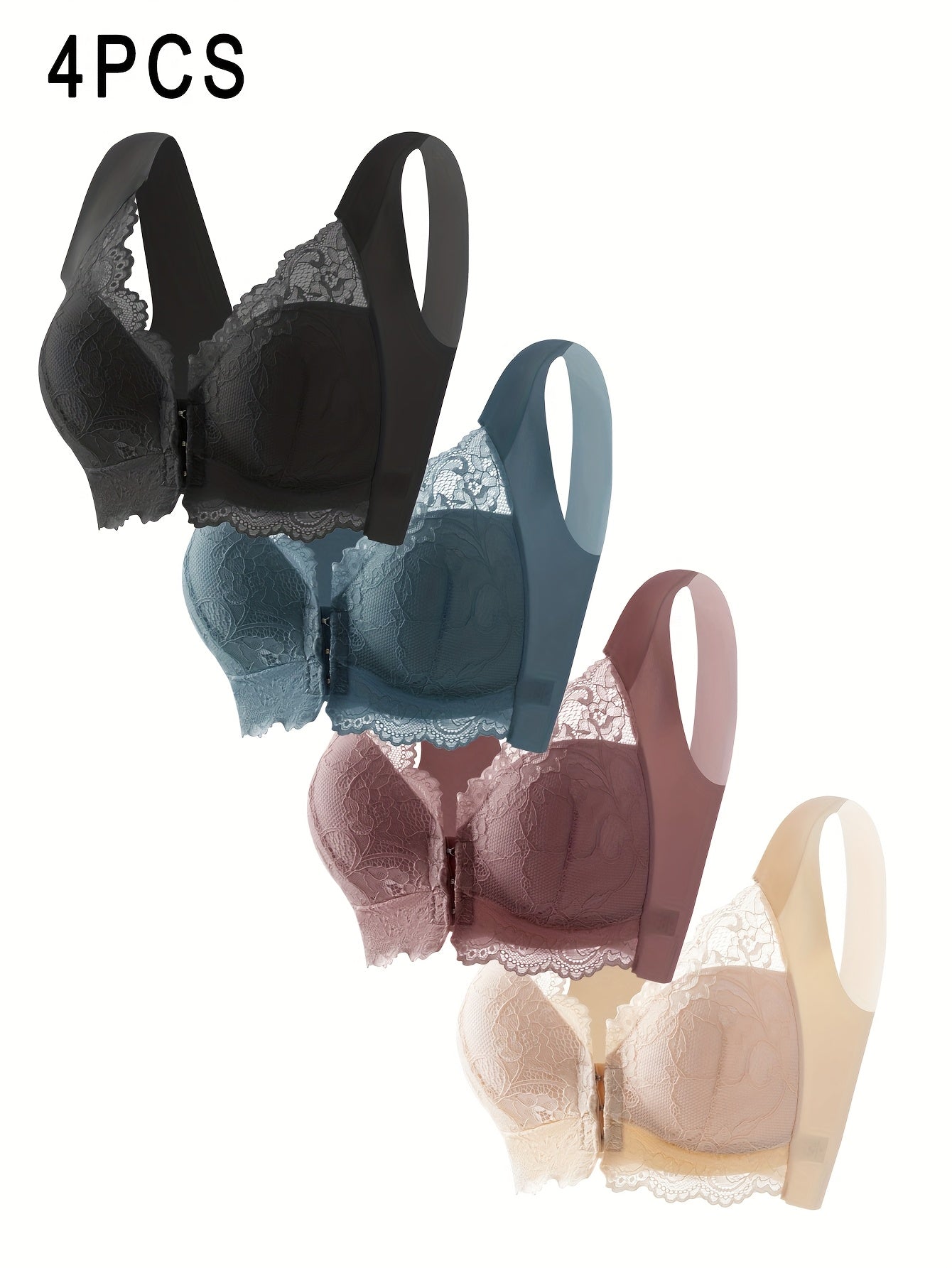 [Soft Push-Up Bra] 4pcs Soft And Comfortable Elegant Lace Wireless Push-Up Bra | Mixed Color Set Front Buckle Bra Women's Underwear