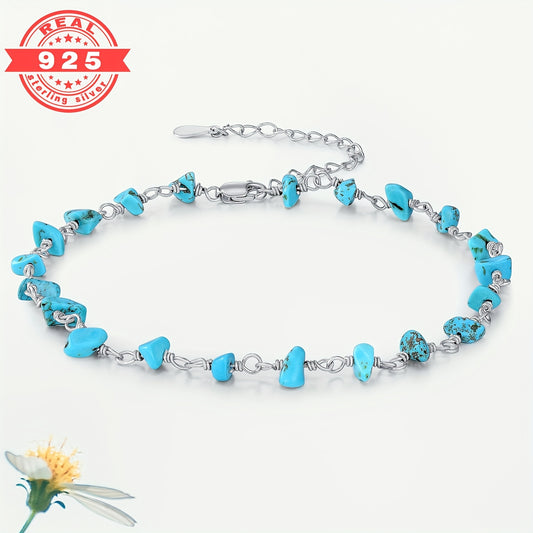 Natural Turquoise Anklet 925 Sterling Silver Raw Turquoise Gemstone Adjustable Foot Anklet Bracelet Beach Summer Jewelry Gifts for Women