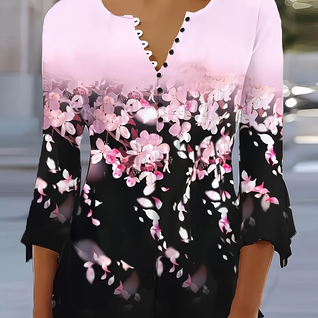 Spring And Summer New Printed Button Irregular Seven Quarter Sleeve T-shirt Casual Top
