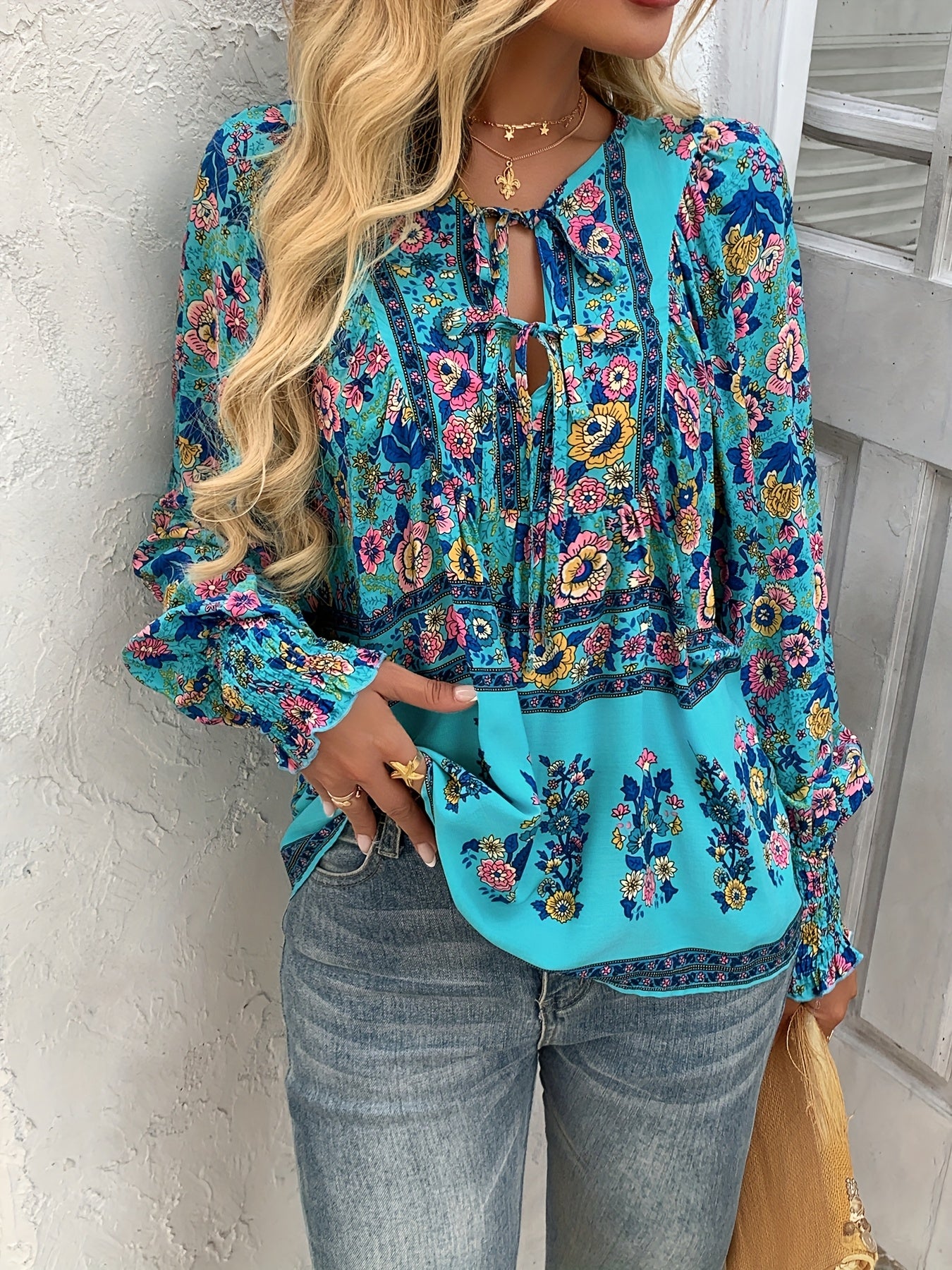 ZAFUL Women's Bohemian Floral Print Shirt - Loose V-Neck Lace-Up Long Sleeve Top with Adjustable Drawstring Cuffs, Lightweight Machine-Washable Fabric for Spring Summer Fall, Casual Vacation & Casual Attire, Cute Long Sleeve