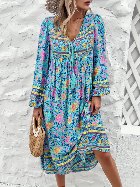 ZAFUL Women's Casual Loose Bohemian Tassel Print Long Sleeve Dress