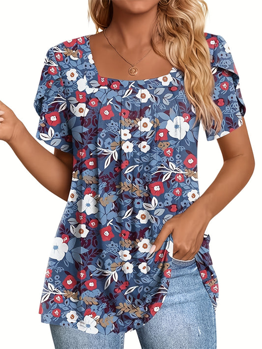 [Soft Polyester T-Shirt] Soft Polyester Women's Elegant Casual Short Sleeve T-Shirt | Square Neck Top with Chest Ruching & Floral Print Petal Sleeves, Relaxed Fit Machine Washable Spring Summer Blouse