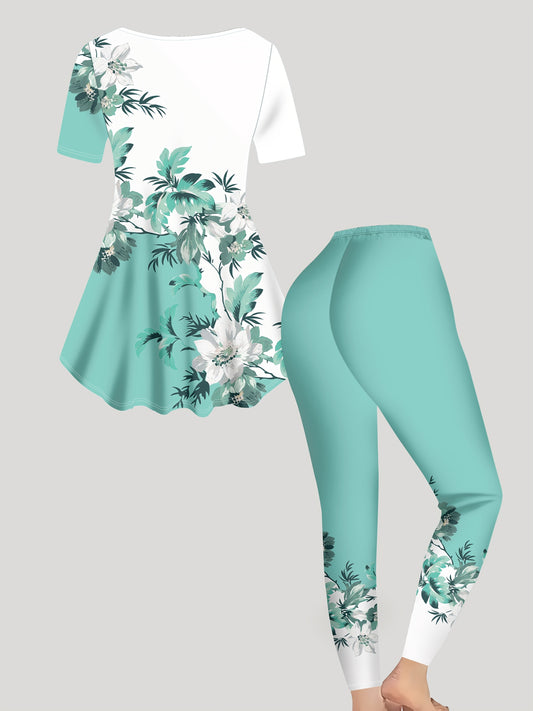 Women'S Fashionable Elegant Floral Print Round Neck Short Sleeve T-Shirt + Long Pants Two-Piece Set, All-Season Wear, Casual Attire|Floral Print Top|Polyester Fabric