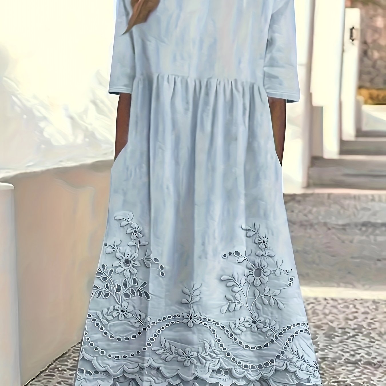 Women'S Light Blue Floral Print Casual Dress - Short Sleeve, Round Neck, Ruffled Hem with Belt Detail, Lightweight Polyester Blend, Machine Washable, All-Season Comfort, Floral Print Dress