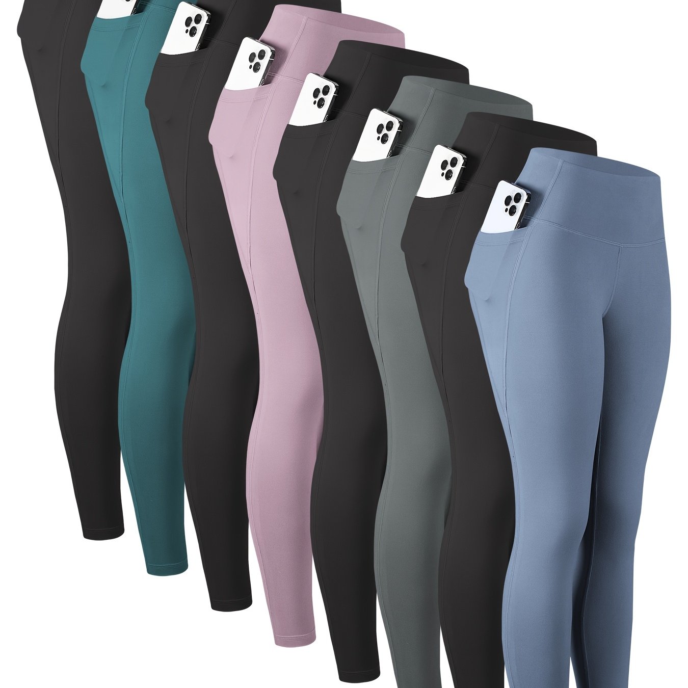 8pcs Set Women's High Waisted Yoga Leggings - Full-Length & 3/4 Length Options, High-Stretch Spandex Light Beige-Friendly Workout Pants with Pockets, All-Season Gym & Casual Athletic Wear (Multi-Color Options: Black, Navy, Gr
