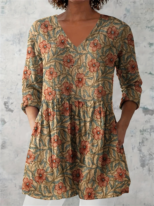 Women's Retro Floral Print Casual And V-neck Top, Loose Casual Mature Style