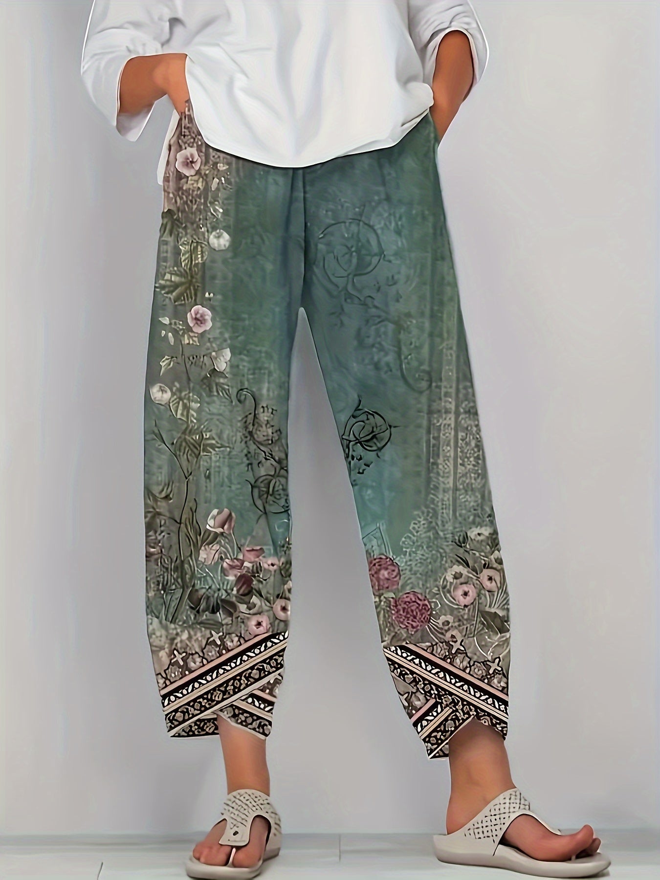 Women's Floral Print Stretch Waist Casual Pants with Pockets - Polyester and Spandex Blend, Machine Washable, Perfect for Fall, Casual Wear Pants|Print Casualwear|Stretchable Fabric, High Waisted Leggings