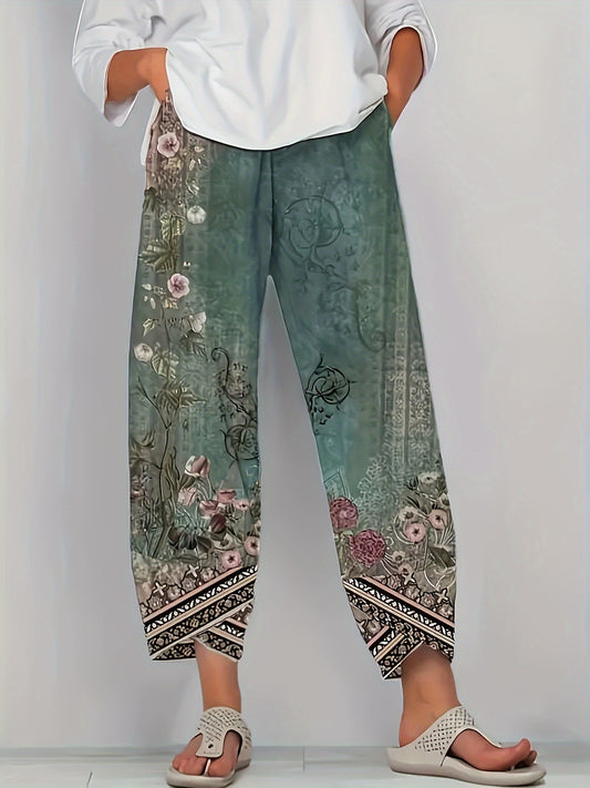 Women's Floral Print Stretch Waist Casual Pants with Pockets - Polyester and Spandex Blend, Machine Washable, Perfect for Fall, Casual Wear Pants|Print Casualwear|Stretchable Fabric, High Waisted Leggings