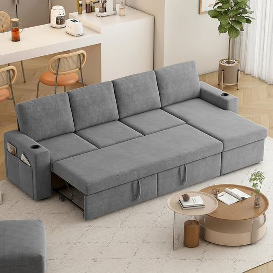 103" Extra Large L-Shaped Sectional Sleeper Sofa Bed with Storage Chaise - Convertible Pull-Out Couch, Cup Holders, Space-Saving Sleeper Sofa for Living Room, Apartment, Guest Room - Modern Sectional Furniture in Neutral Grey