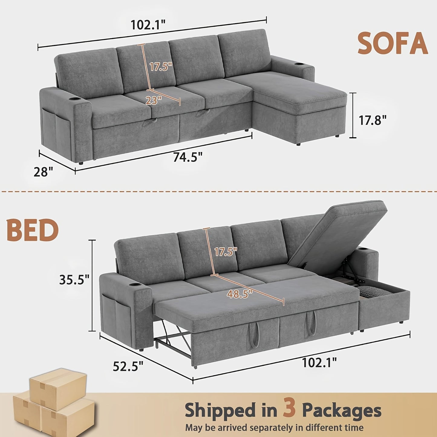 103" Extra Large L-Shaped Sectional Sleeper Sofa Bed with Storage Chaise - Convertible Pull-Out Couch, Cup Holders, Space-Saving Sleeper Sofa for Living Room, Apartment, Guest Room - Modern Sectional Furniture in Neutral Grey