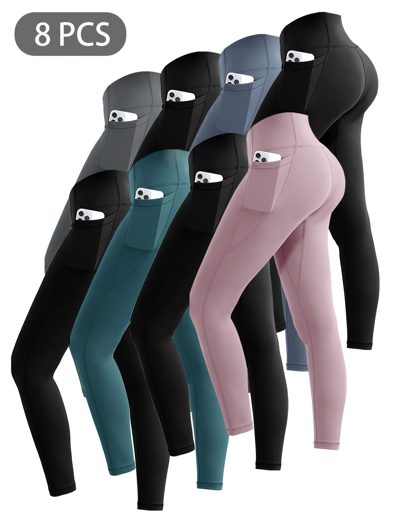 8pcs Set Women's High Waisted Yoga Leggings - Full-Length & 3/4 Length Options, High-Stretch Spandex Light Beige-Friendly Workout Pants with Pockets, All-Season Gym & Casual Athletic Wear (Multi-Color Options: Black, Navy, Gr