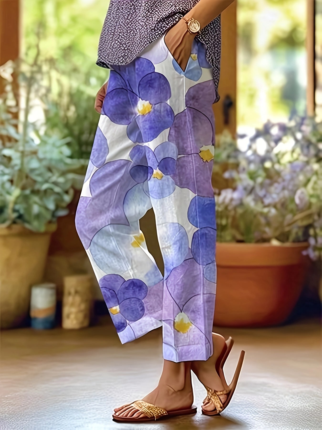 Women's Elegant Floral Print Straight-Leg Casual Pants with Pockets - Machine Washable Non-Stretch Fabric, All-Season Versatile Trousers for Casual Attire & Leisure Activities, Relaxed Activity Trousers, No Stretch Fabric