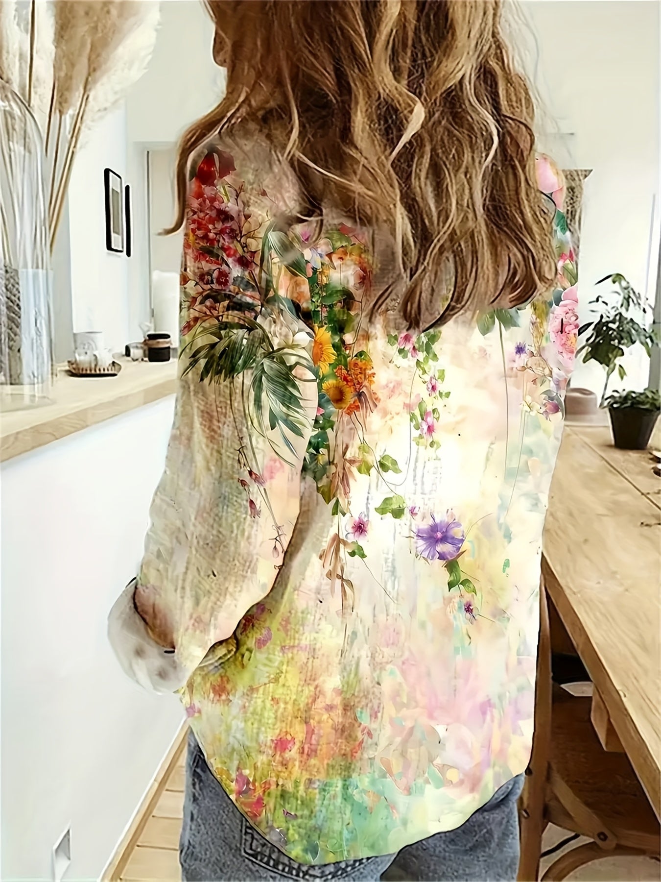 [Floral 3D Print Blouse] Vibrant Floral 3D Print Women's V-Neck Long Sleeve Blouse | Casual All-Season Geometric Pattern Shirt with Button Details, Rose and Hydrangea Design
