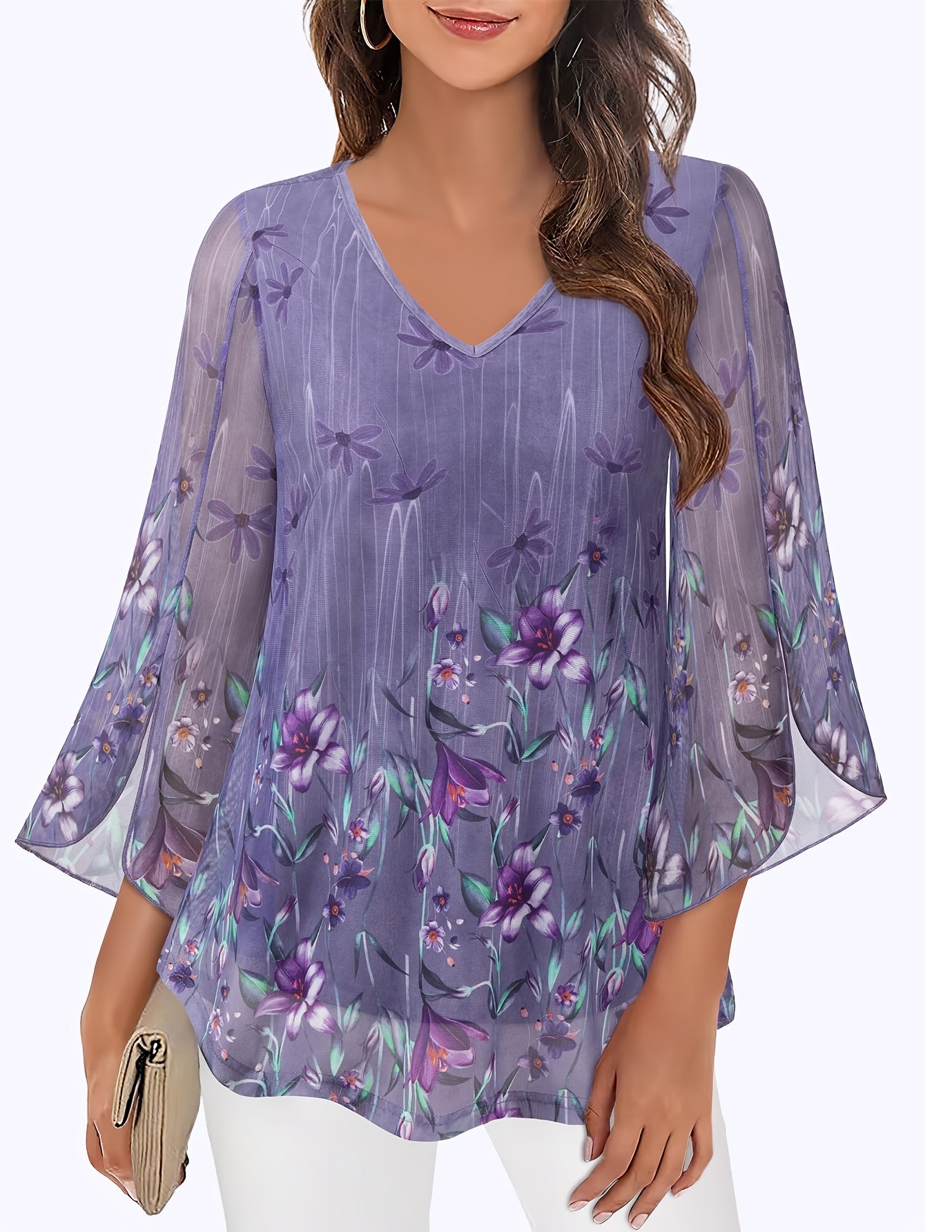 [Floral Blouse] Floral Print V-Neck Blouse | Women's Loose Fit Flowy Tunic Top with 3/4 Ruffle Sleeves & Double Layer Mesh Overlay - Semi-Sheer Lightweight Polyester-Spandex Blend for Spring/Summer Casual & Formal Outings