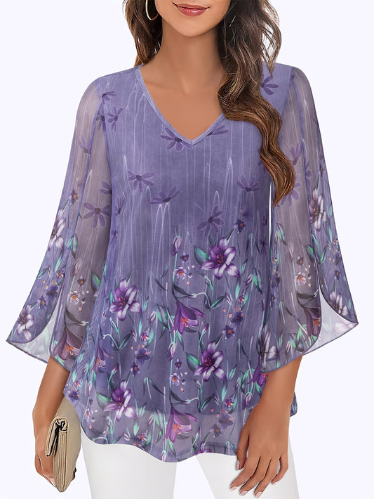 [Floral Blouse] Floral Print V-Neck Blouse | Women's Loose Fit Flowy Tunic Top with 3/4 Ruffle Sleeves & Double Layer Mesh Overlay - Semi-Sheer Lightweight Polyester-Spandex Blend for Spring/Summer Casual & Formal Outings