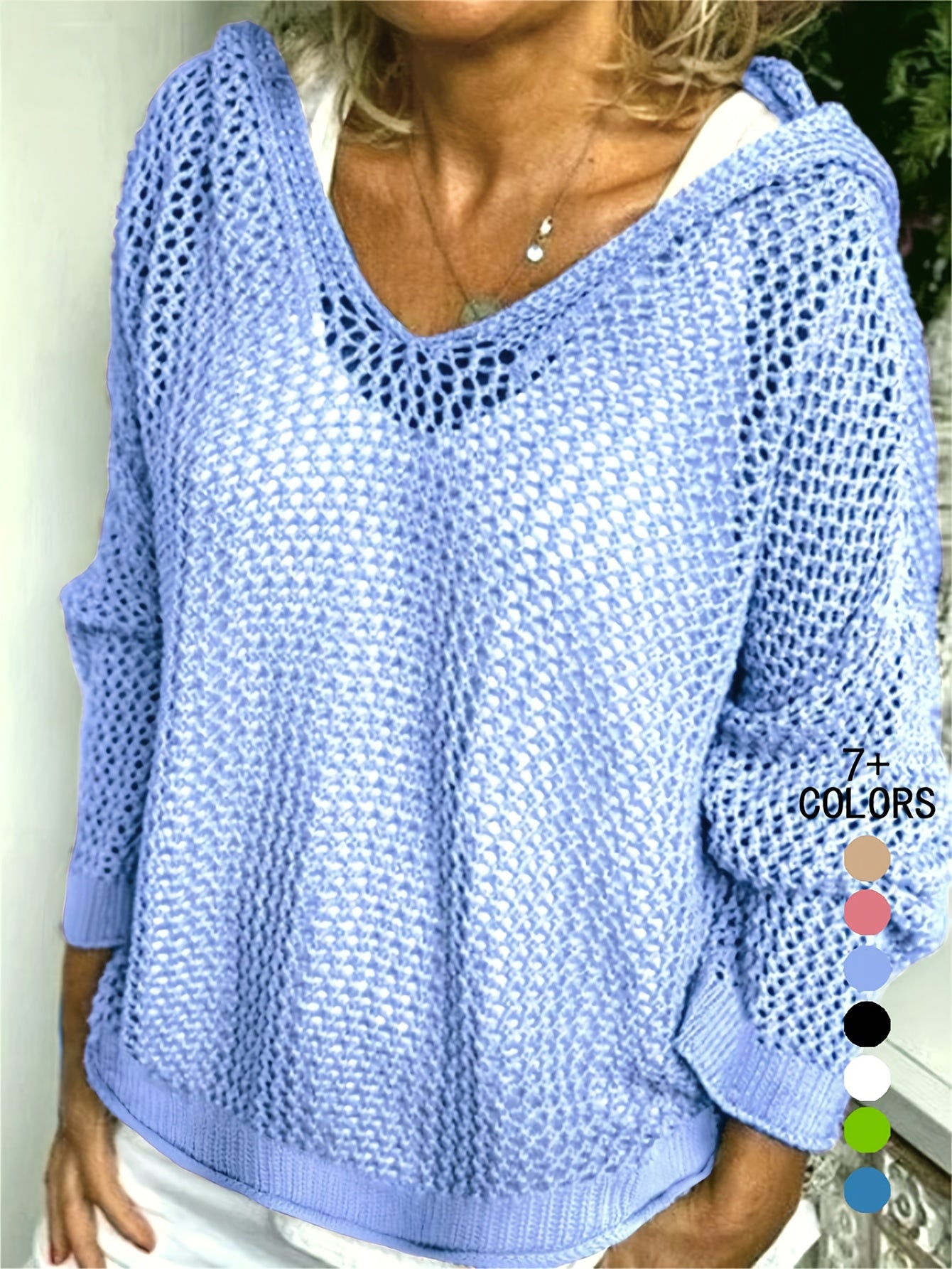Women's Lightweight Hooded Sweater - Semi-Sheer V-Neck Openwork Design, Loose Fit Cover-Up, Casual Long Sleeve All-Season Layering Top, Summer Wardrobe Essential