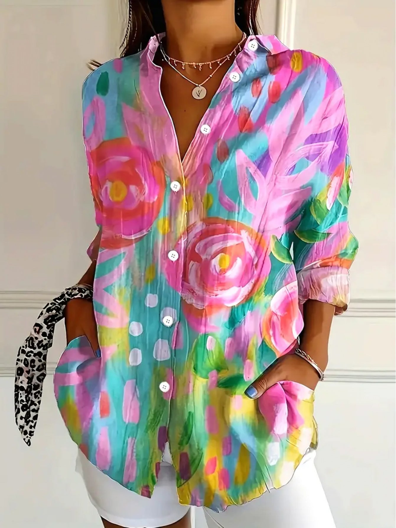 Women'S Lightweight Floral Print Button-Up Shirt - Long Sleeve Collared Blouse with Vibrant Pink, Blue, Yellow & Green Floral Pattern, Elegant Single-Breasted Design for Spring/Summer, Versatile Casual to Formal Wear, Floral
