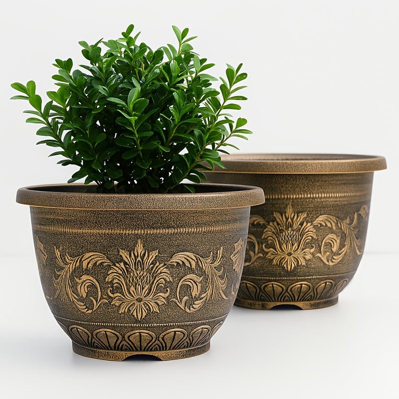 2pcs 17" Heavy-Duty Bronze-Style Resin Planters, Decorative European Design, Bonsai & Succulent Planters, with Drainage Holes, for Harvest & Winter Celebrations, Versatile Gardening Supplies