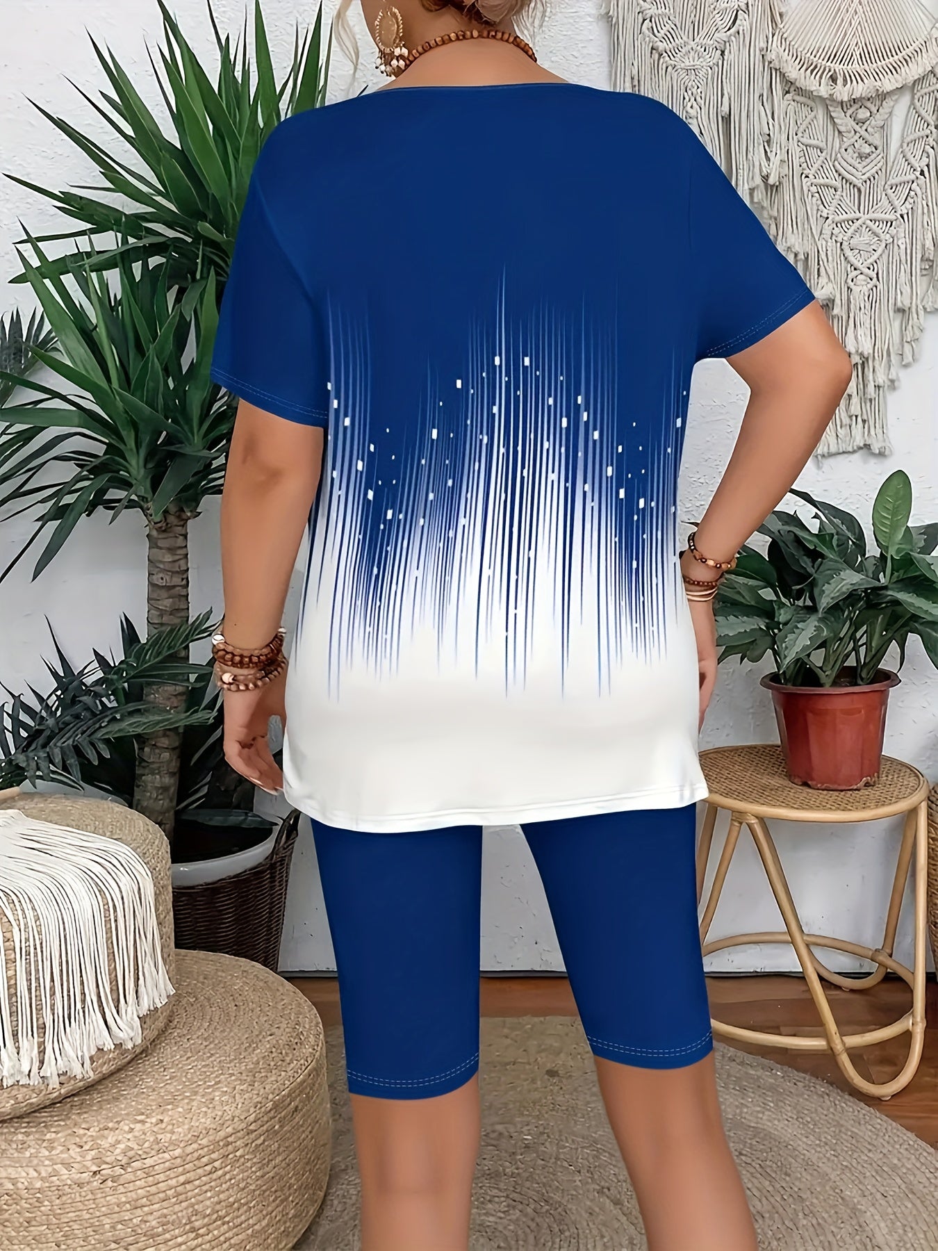 Women's Fashion Casual Breathable Short Sleeve Two-Piece Set, Colorful Striped Print, Five-Quarter Stretch Leggings, Suitable for Daily Commute, Leisure Wear, Travel Vacation, Casual Wear, Daily Outfit, Trendy Fashion, Colorf
