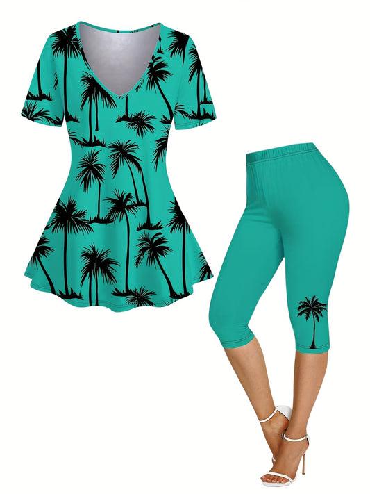 Women'S Tropical Palm Tree Print Short Sleeve V-Neck T-Shirt & Capri Leggings Set - Lightweight Stretchy Polyester, Casual Summer Outfit for Vacation or Casual Attire, Vacation Clothing | Playful Print | Glossy Fabric, Ladies