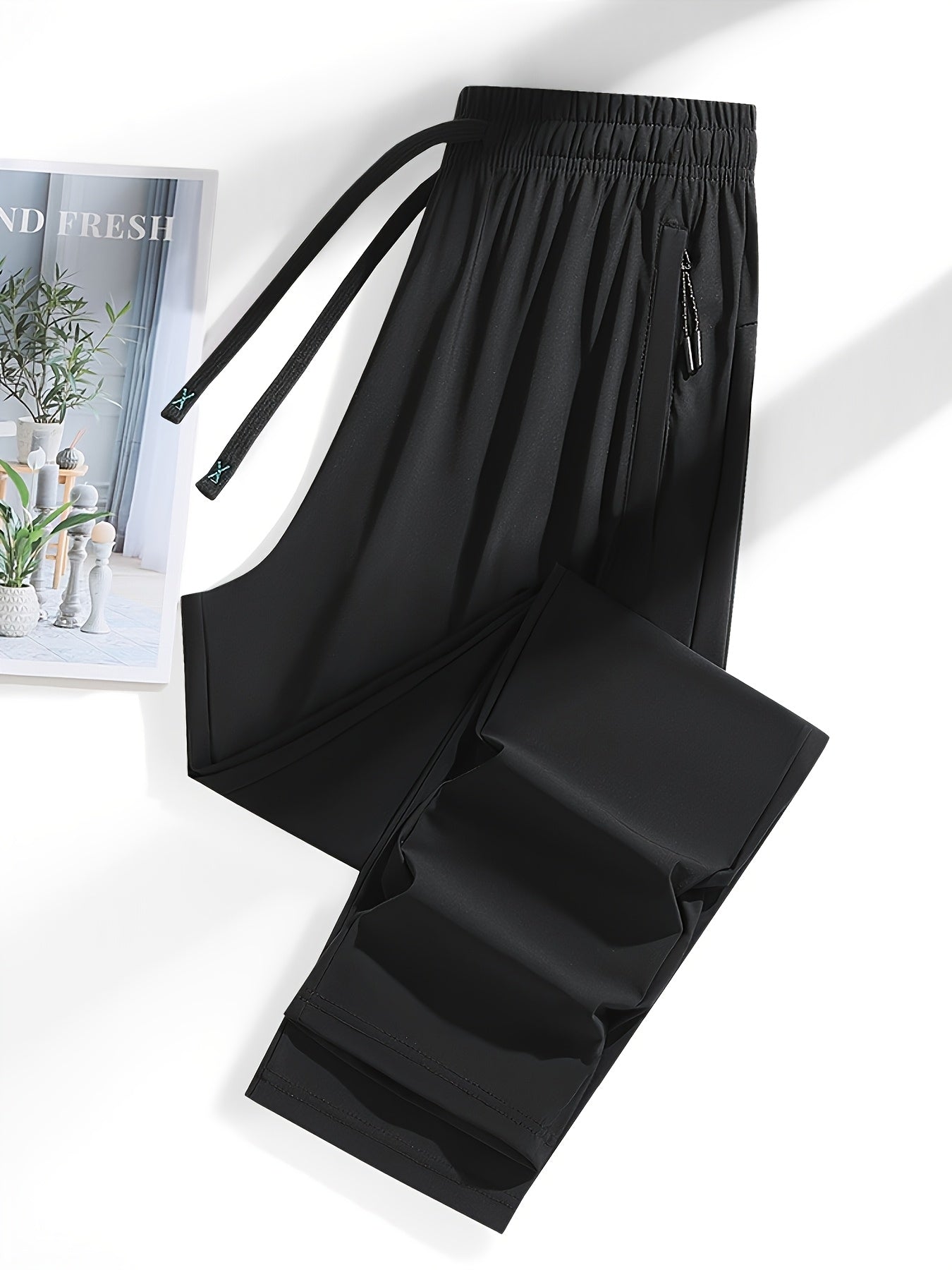 Three Pairs of Summer Women's Solid Color Long Pants with Elastic Drawstring Waist, Hidden Zipper Pockets, Nylon-Spandex Blend for Stretchy Straight-Leg Fit, Quick-Dry Fabric, Suitable for Daily Outings, Leisure, And Workouts