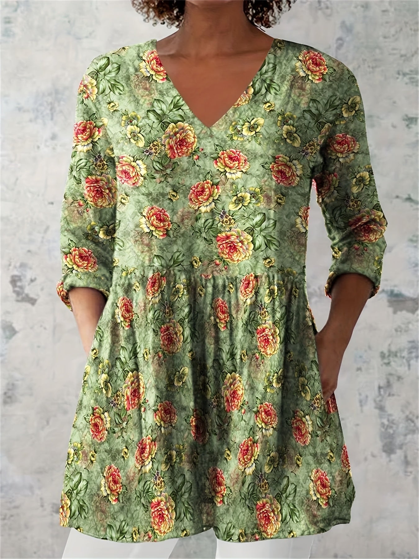 Women's Retro Floral Print Casual And V-neck Top, Loose Casual Mature Style