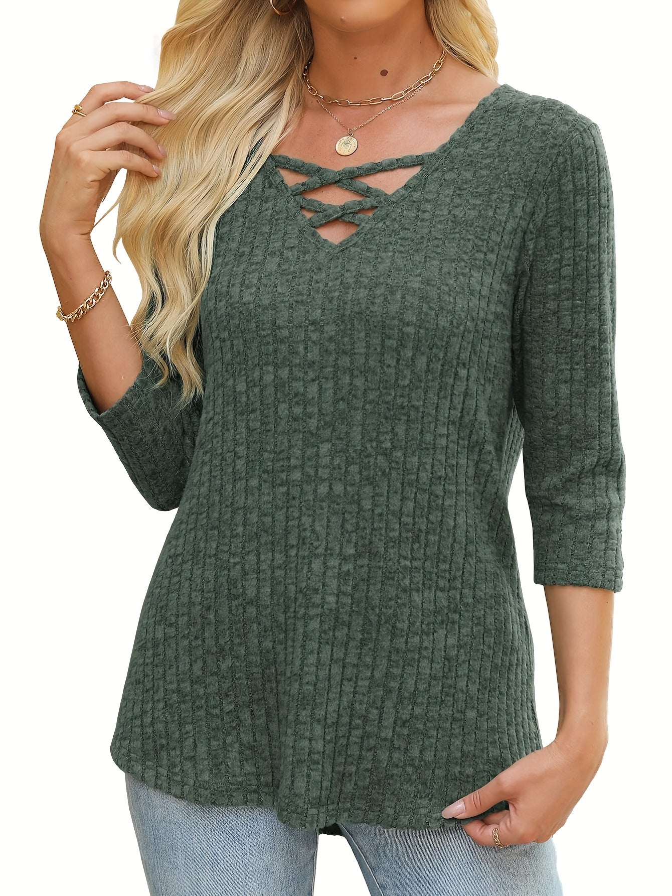 Women'S Casual 3/4 Sleeve V-Neck Top - Lightweight Loose Fit Pullover Shirt with Crisscross Front Detail, All-Season Comfort, Solid Color, Versatile for Casual Attire & Layering, Relaxed Outfit, Stylish Pullover, Quality Stit