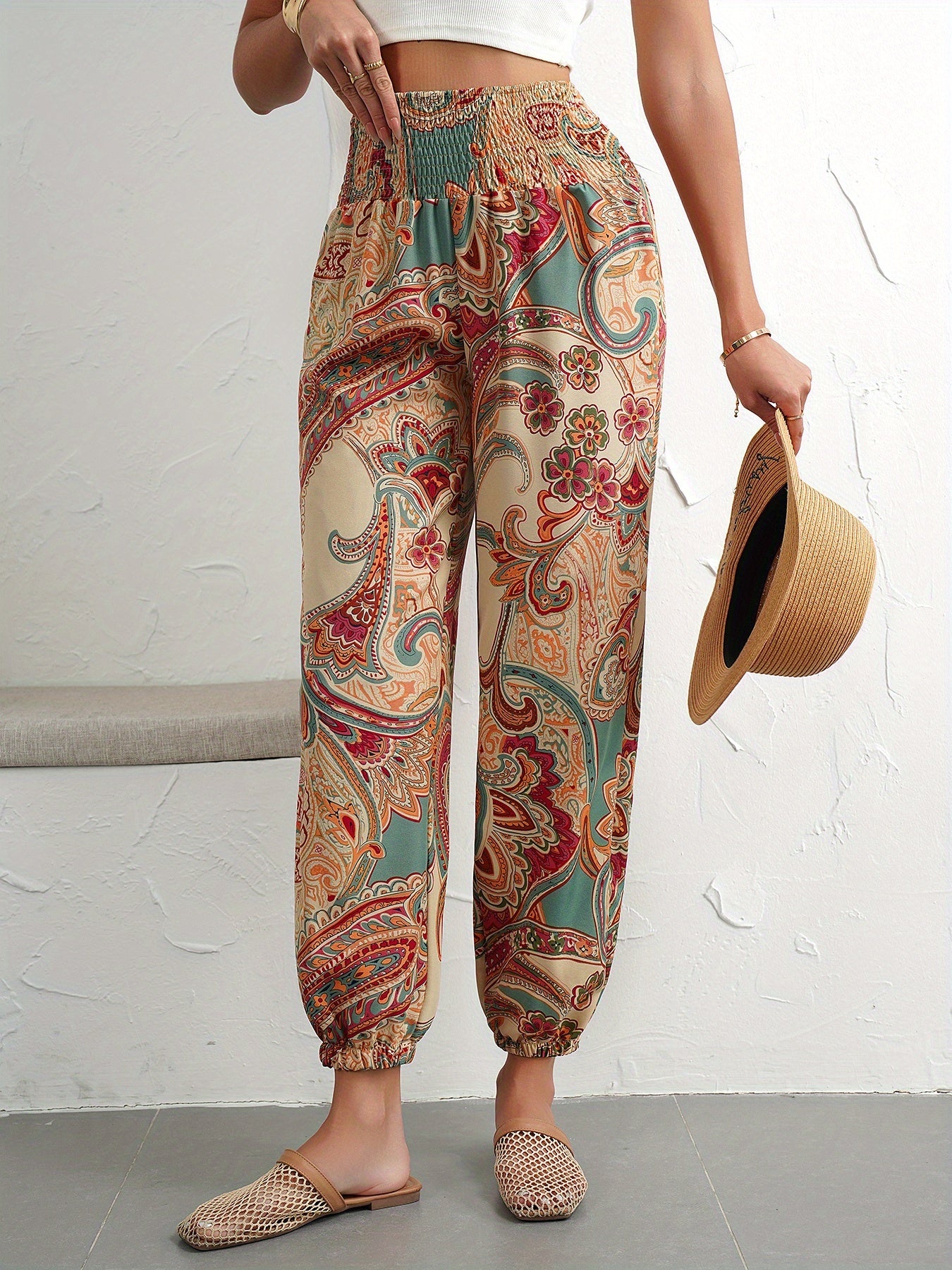 [Vibrant Print] Women's Elegant Paisley Print Harem Pants | High-Waisted, Loose Fit | Polyester Blend | Machine Washable | Casual Wear | All-Season | Elegant