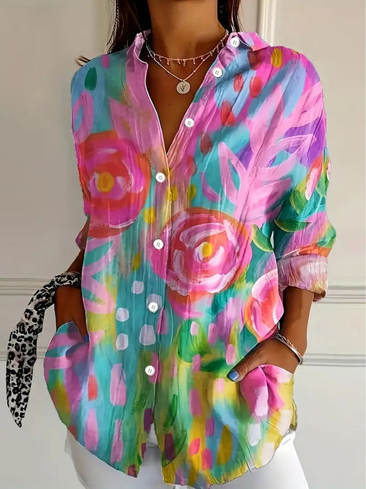 Women'S Lightweight Floral Print Button-Up Shirt - Long Sleeve Collared Blouse with Vibrant Pink, Blue, Yellow & Green Floral Pattern, Elegant Single-Breasted Design for Spring/Summer, Versatile Casual to Formal Wear, Floral