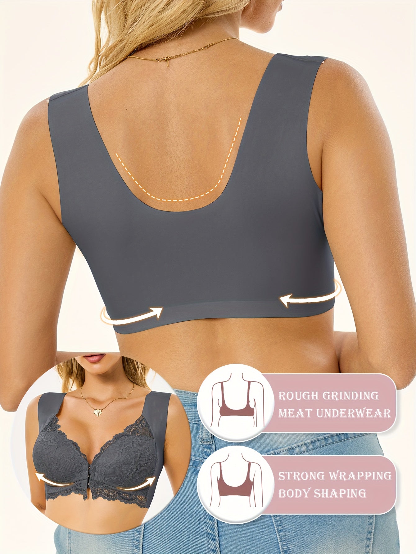 5pcs CELILIN Women's Elegant Lace Trim Sports Bra Set - Full Coverage Seamless Push-Up Yoga Tops with Front Closure, V-Neck Wide Strap Breathable Nylon Bras in Black/Navy/Beige/Taupe/Light Blue | Wire-Free, Slight Stretch & M