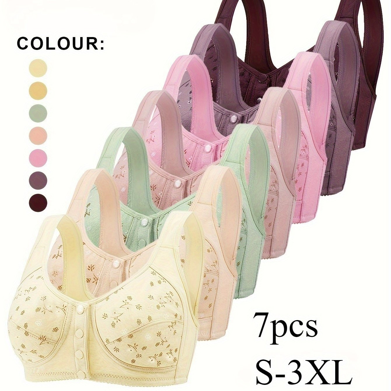 7pcs Bra Set for Women Floral Print Button Front Non-Padded Wireless Bra, Comfortable and Breathable, Suitable for Outdoor, Daily, Leisure, Sports, Party, Festival, etc.